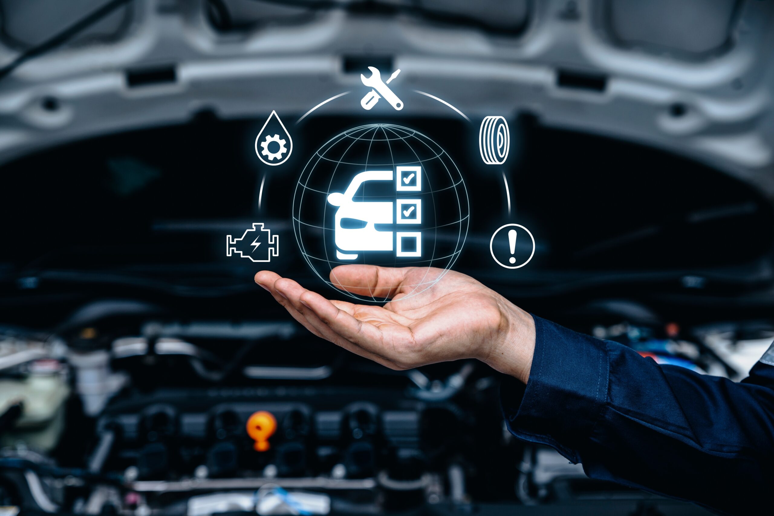 hand of mechanic holding car service icons