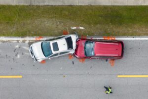 aerial view of car crash where two vehicles collided